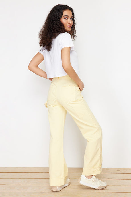 Yellow More Sustainable Carpenter Detailed High Waist Wide Leg Jeans Twoss24je00231