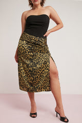 Jena Women Plus Size Bubble Satin Look Drape Detailed Slit Midi Leopard Print Dress Jena01072023