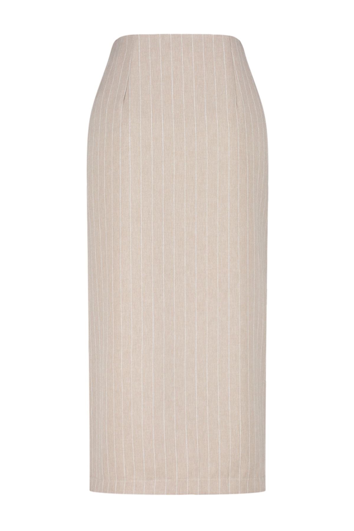 Beige Striped Slit Detailed A-line Midi Length Woven Skirt Twoss24et00100