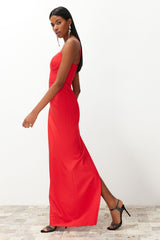 Red Chest Detailed Body Sitting Long Night Evening Dress Tprss24ae00115