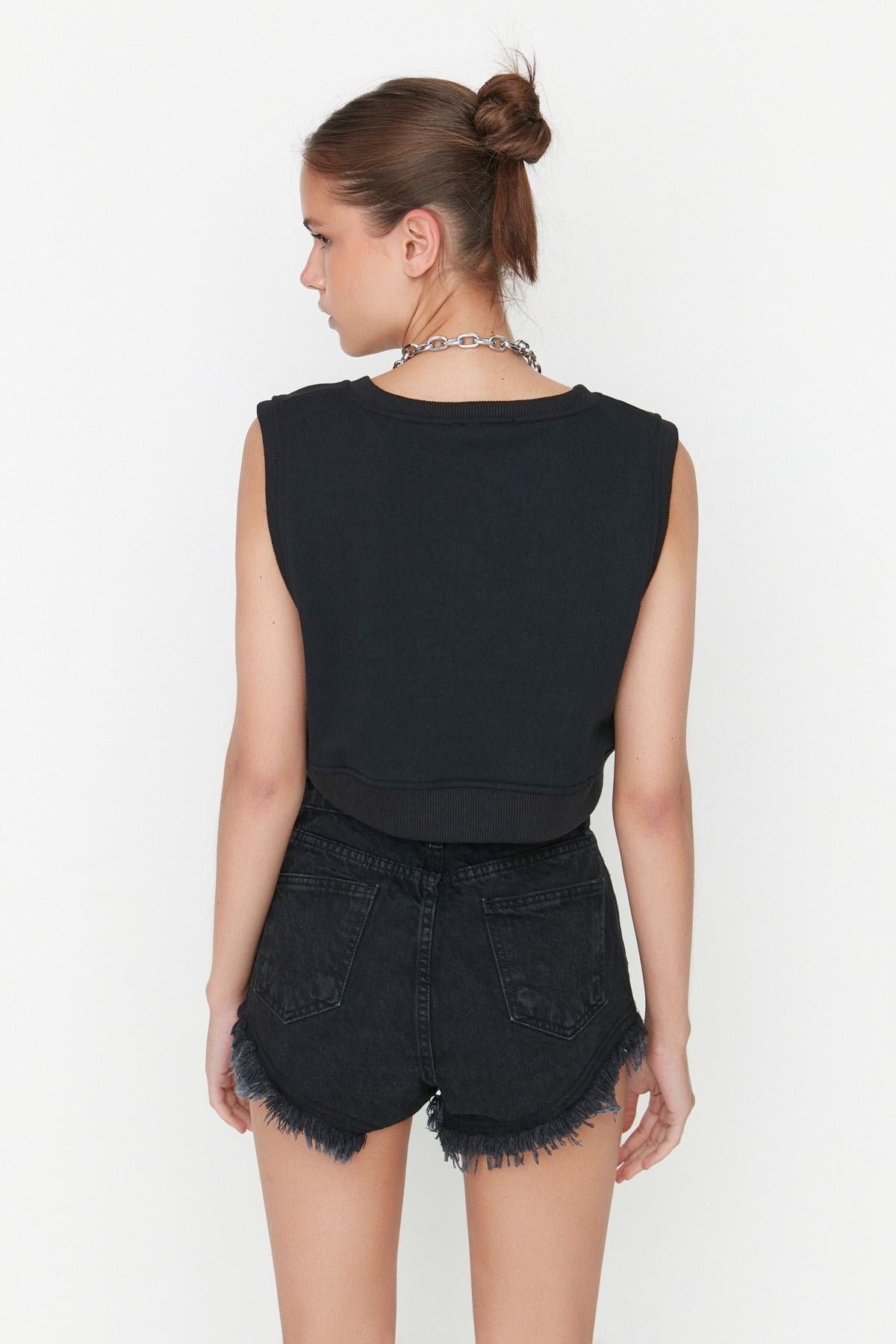 Black Ripped Detailed High Waist Denim Shorts Twoss22sr00152