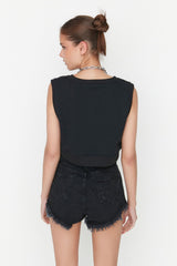 Black Ripped Detailed High Waist Denim Shorts Twoss22sr00152