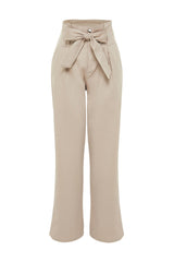 Beige Carrot Pattern Belted Woven Pants Twoss24pl00058