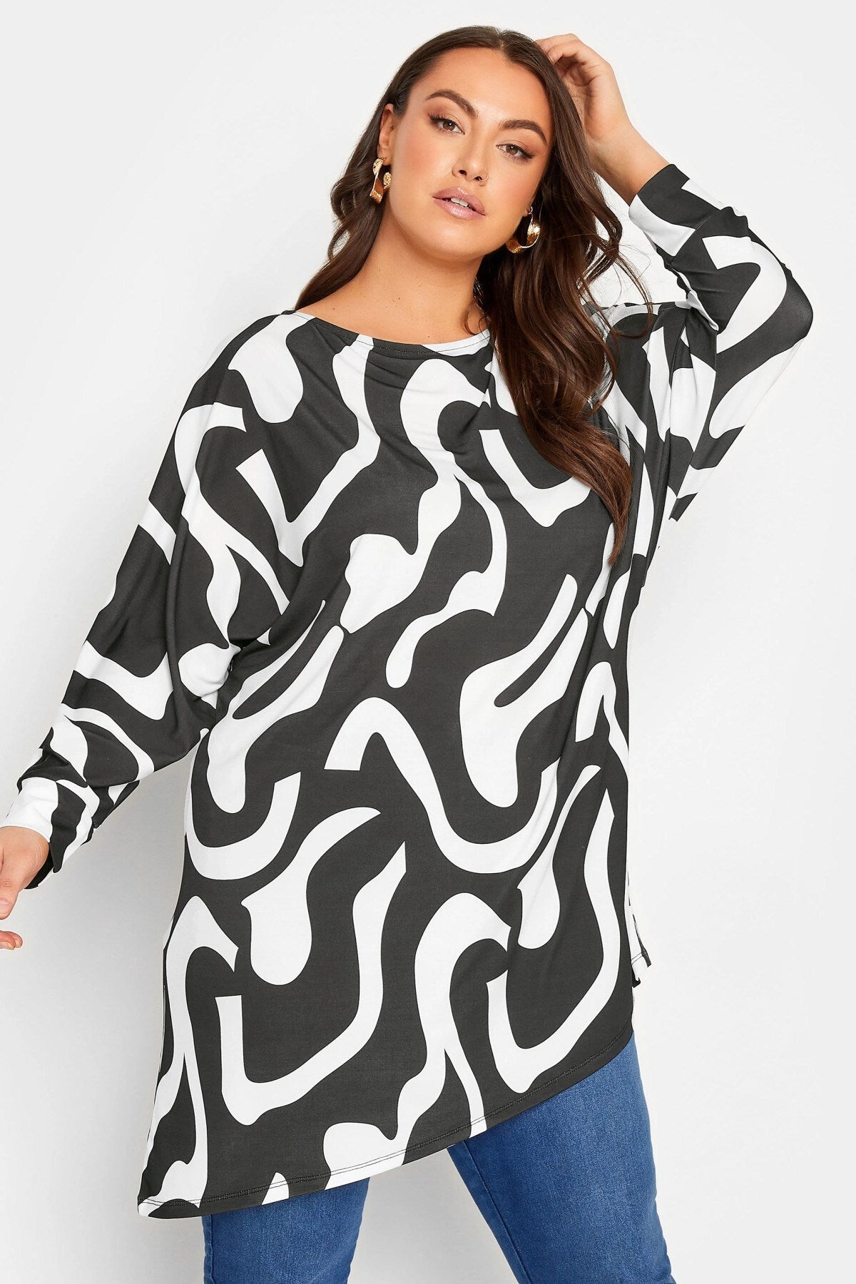 Plus Size Patterned Asymmetric Cut Boater Collar Long Sleeve Blouse 302058 3020-x