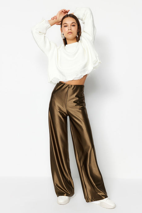 Khaki Premium Satin Wideleg/wide Leg Knit Pants Twoaw24pl00064