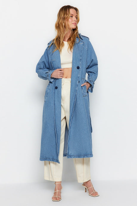 Blue Belted Denim Trench Coat Twoss23tr00028