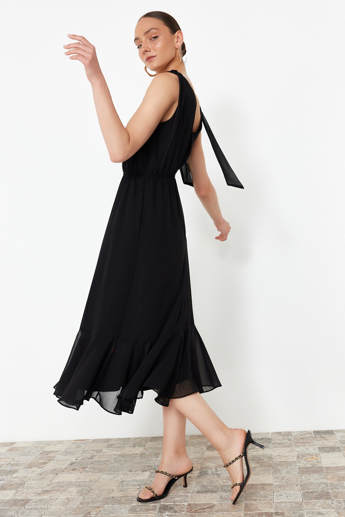 Black A Cut Waist Elastic Chiffon Lined Maxi Woven Dress Twoss24el00804