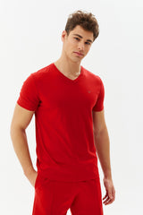 Men's Red V Neck 100% Cotton Short Sleeve Slim Fit Solid Color Casual Sports T-shirt 8898 Tb20ml07s8