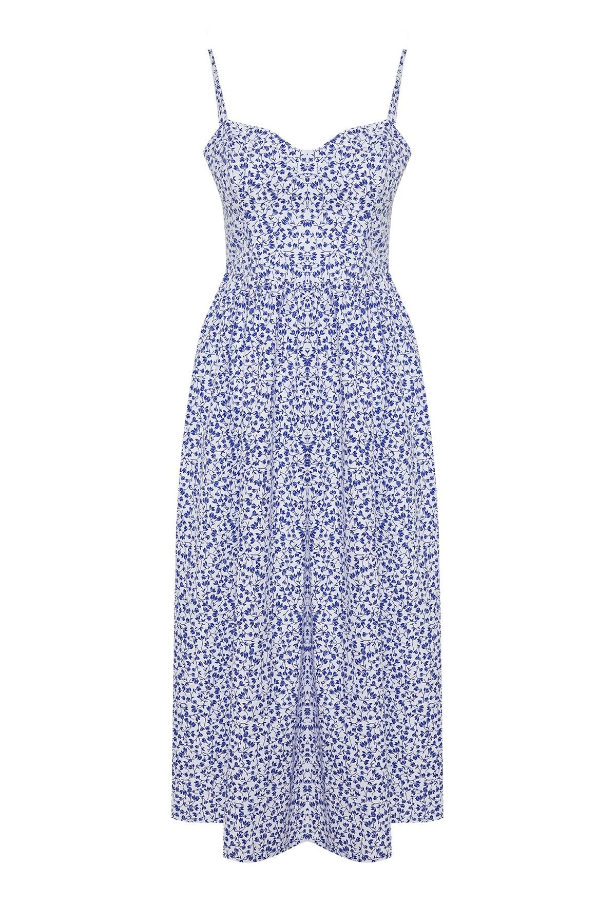 Blue Floral Print A Cut Heart Neckline Midi Poplin Woven Dress Twoss24el00700