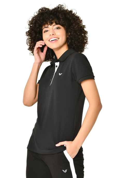 Women's Black Cotton Polo Neck Basic Solid Color Short Sleeve Casual And Sports T-shirt 8719 Tb21wl0