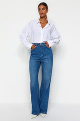 Blue Waist Detailed High Waist Wide Leg Jeans Twoss22je0675