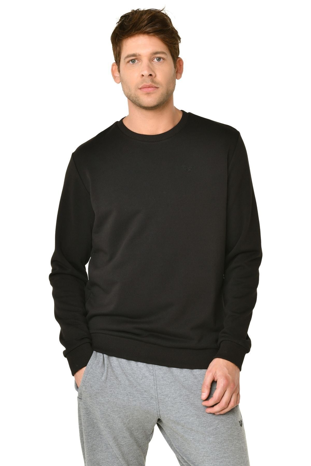 Men's Black Crew Neck Solid Color Casual And Sports Sweatshirt 8418 Tb21ml11w8418-1