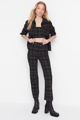 Black High Waist Cigarette Tweed Checkered Woven Pants Twoaw23pl00046