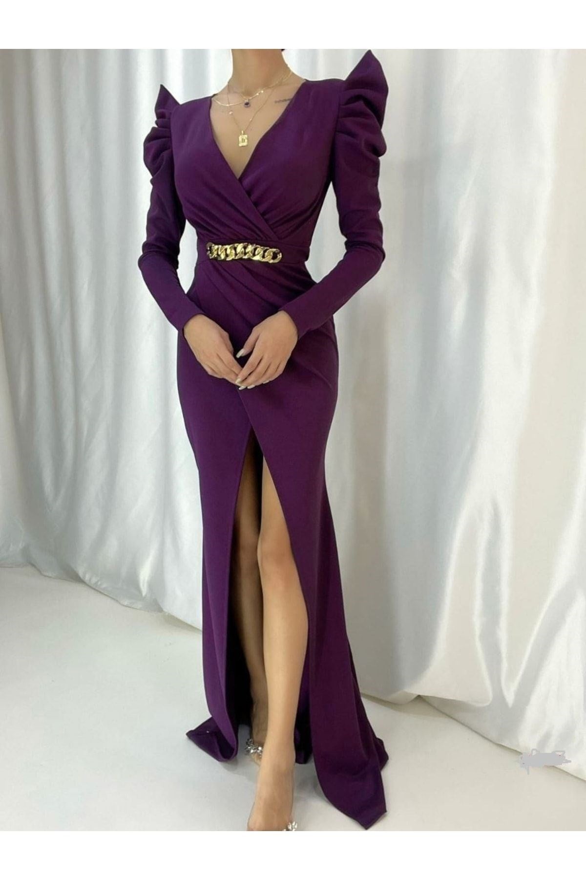 Deep Slit Long Sleeve Plastic Chain Detailed Evening Dress And Graduation Dress 582260 722 Mat-722