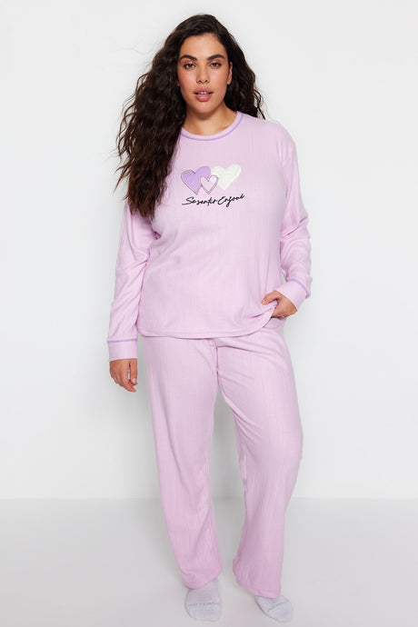 Light Lilac Stitching Detailed Knitted Pajama Set Tbbaw24ai00046