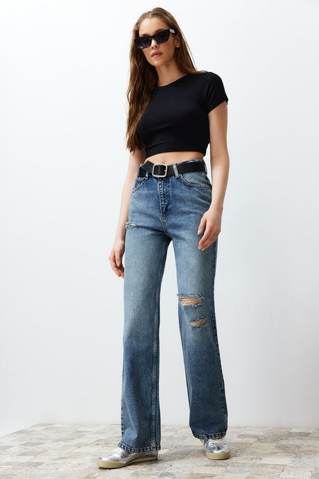 Blue More Sustainable Ripped High Waist Wide Leg Jeans Twoss24je00198