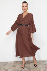 Brown Belted A-line Double Neck Aerobin Midi Woven Dress Twoss24el00992