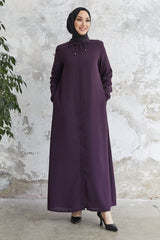 Hidden Patched Abaya With Lace-up Collar - Black Ms00tp00054