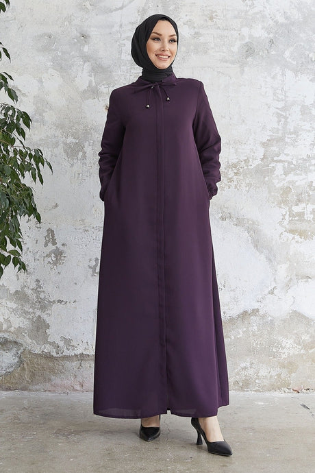 Hidden Patched Abaya With Lace-up Collar - Black Ms00tp00054