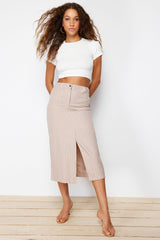 Beige Striped Slit Detailed A-line Midi Length Woven Skirt Twoss24et00100