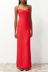 Red Chest Detailed Body Sitting Long Night Evening Dress Tprss24ae00115