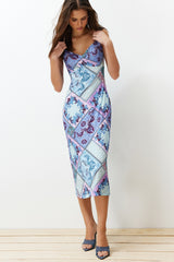 Blue Strappy Printed A Cut/bell Form Flexible Knitted Midi Pencil Dress Twoss24el00579