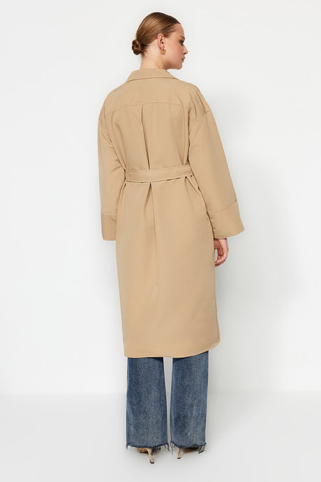 Beige Oversize Wide Cut Belted Sleeve Detailed Pockets Water Repellent Long Trench Coat Twoaw24tr000