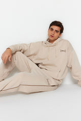 Black Men's Oversize Hooded Rubber Leg Embroidered Interlining Soft Feather Cotton Tracksuit Tmnaw24