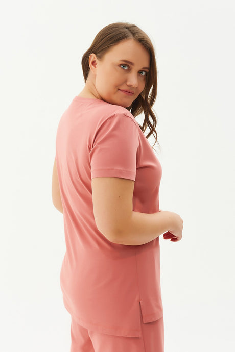 Women's Cream Plus Size 100% Cotton Crew Neck Back Long Basic Short Sleeve Sports Casual T-shirt 010