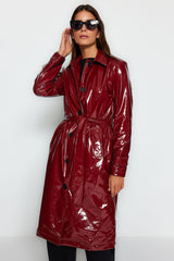 Burgundy Shiny Belted Trench Coat Twoaw24tr00067