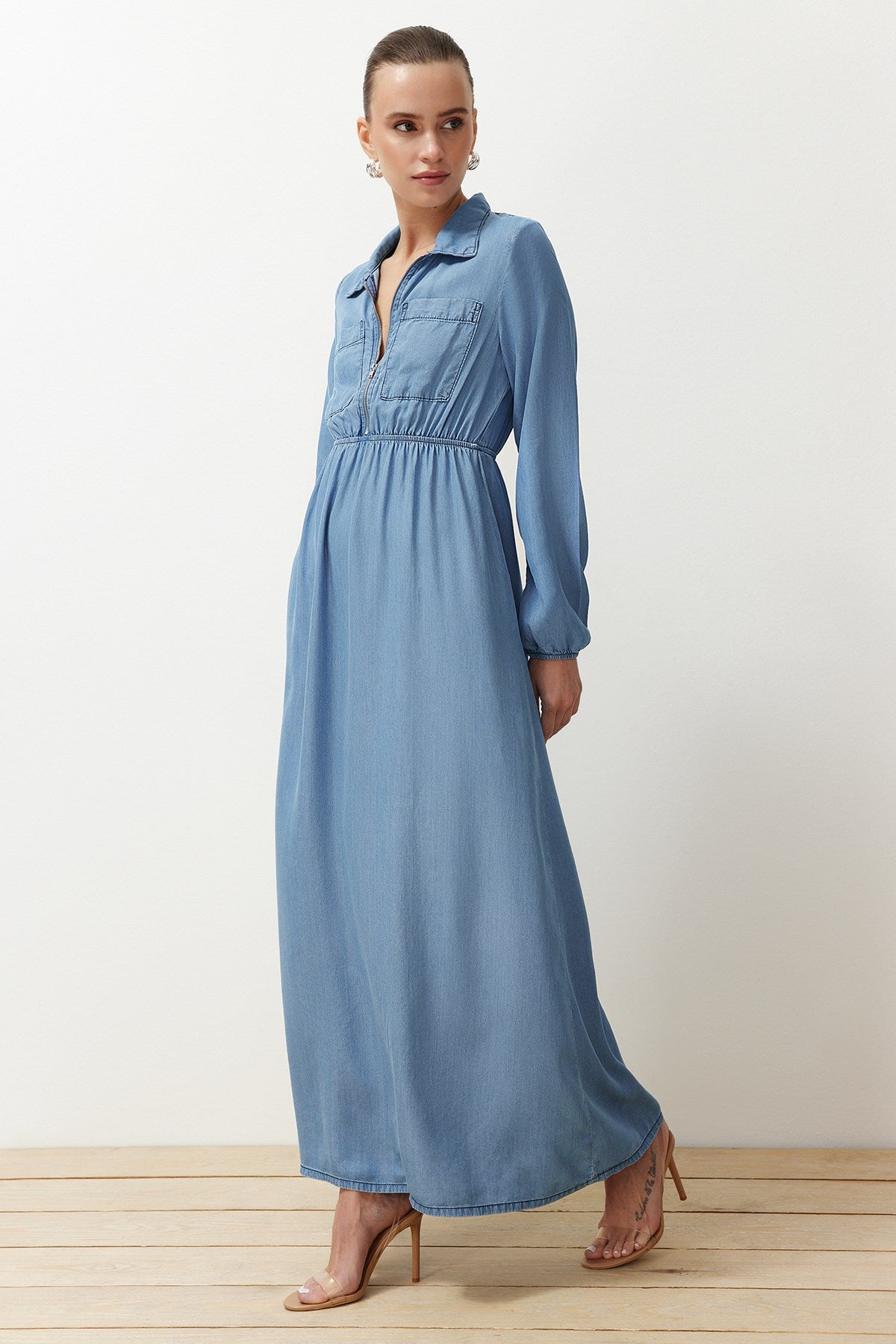 Dark Blue Midi Denim Modest Dress Twoss24el00834