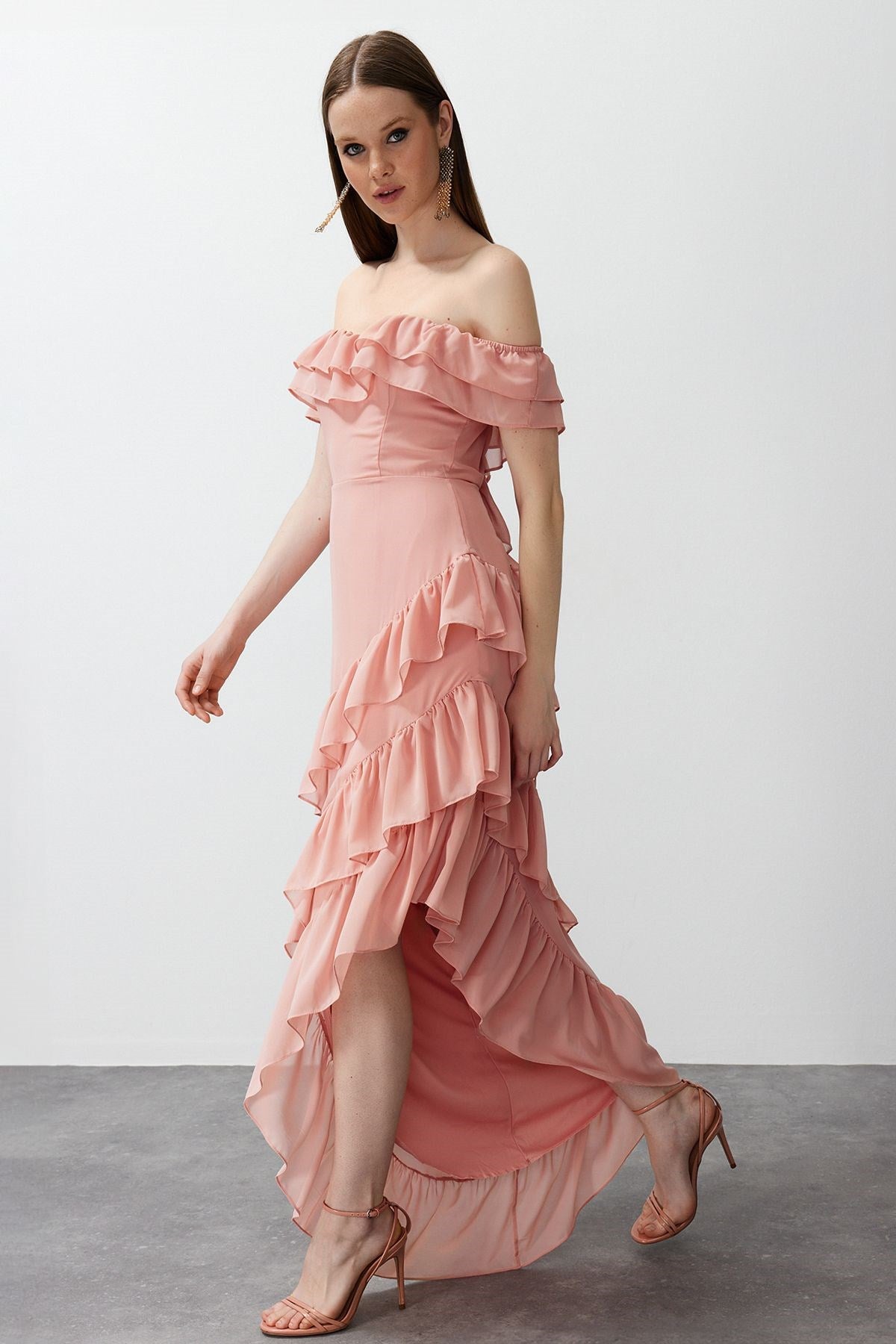 Dusty Rose Ruffle Chiffon Long Night Evening Dress Tprss24ae00092