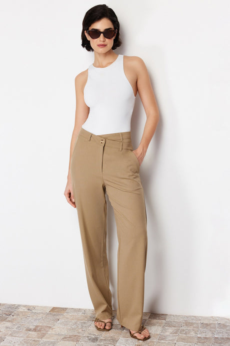 Beige Premium Straight/straight Cut Asymmetric Waist Detailed Woven Pants Twoss24pl00067