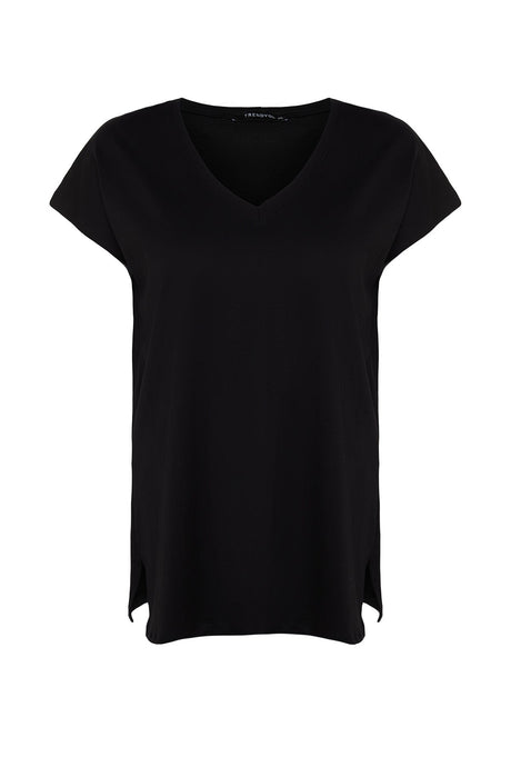 Black Boyfriend Knitted V Neck Slit T-shirt Tbbss22bf0036