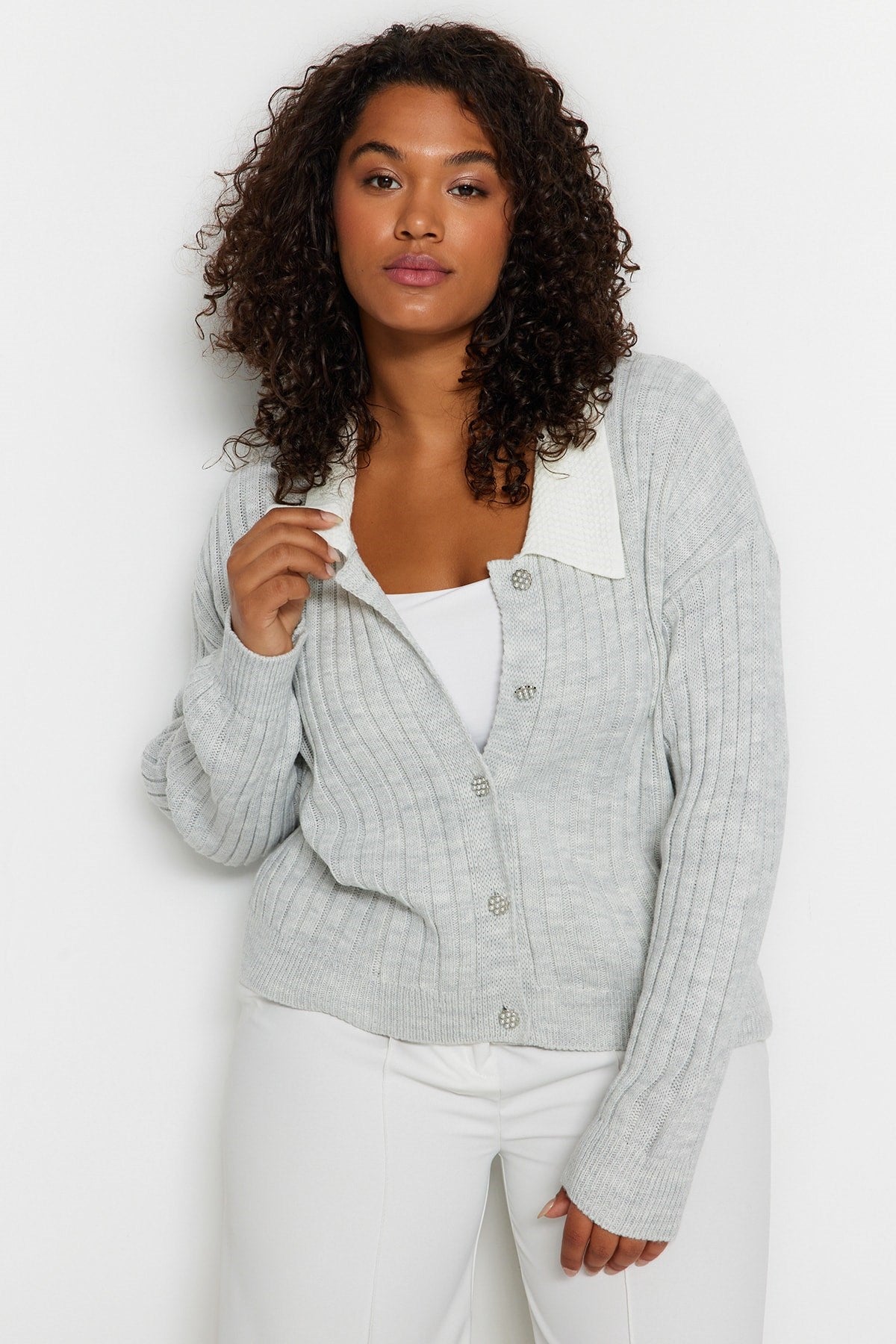 Indigo Ribbed Collar Detail Buttoned Knit Cardigan Tbbaw23av00084