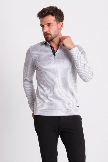 Striped Piece Ecru Color Slim Fit Long Sleeve Polo Collar Men's T-shirt 36667.21k