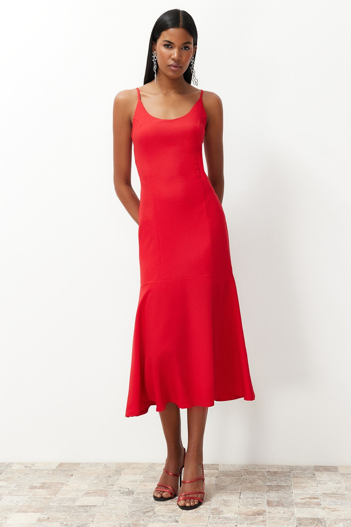 Red Body-fitting Strappy Woven Dress Tprss24el00157