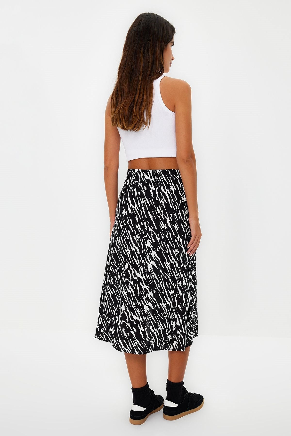 Black Slit Detailed Viscose Fabric Animal Print Midi Woven Skirt Twoaw22et0447