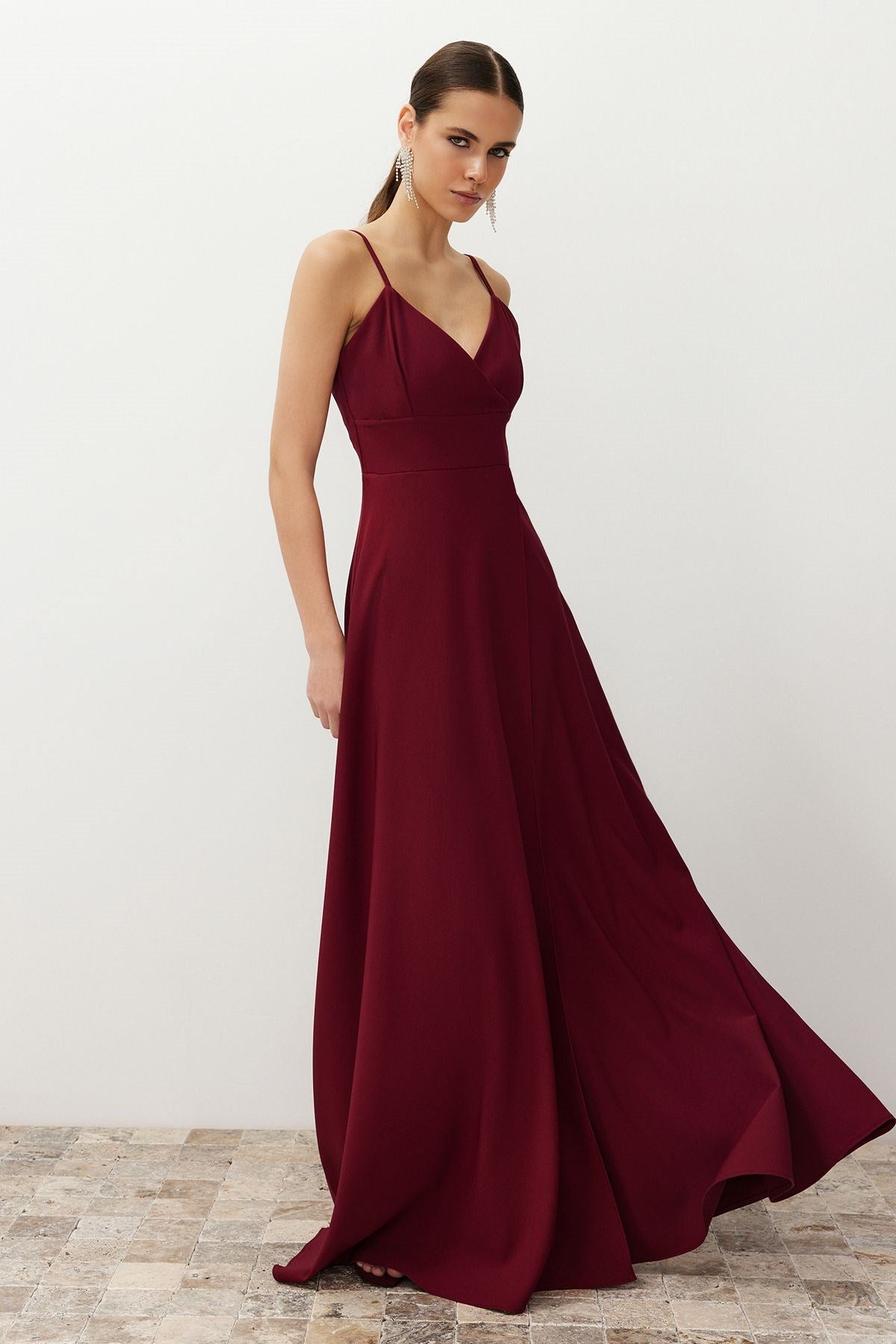 Burgundy Woven Long Elegant Evening Dress Tprss24ae00121