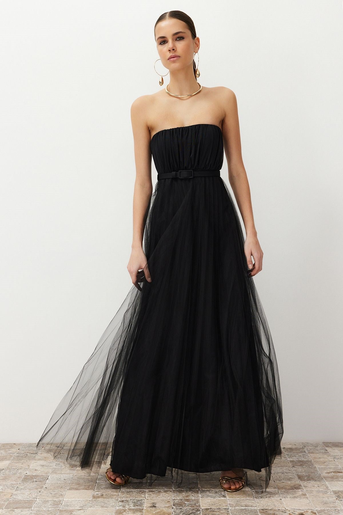 Black Tulle Knitted Long Elegant Evening Dress Tprss24ae00090