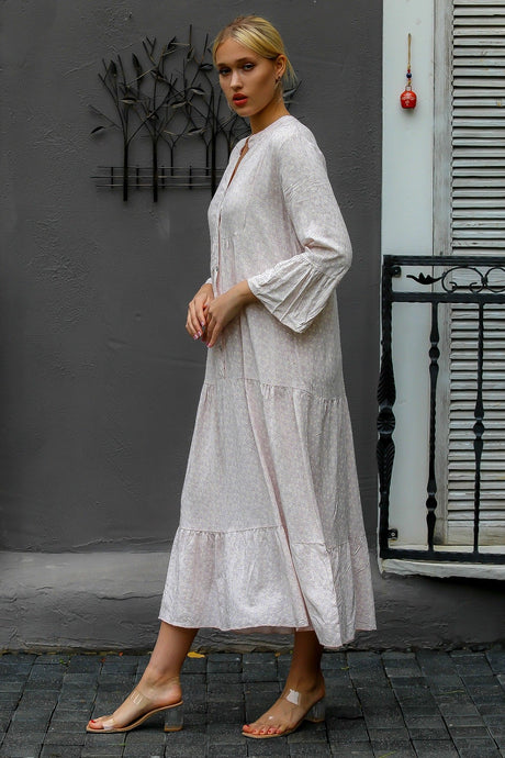 Women's Pink Italian Half Patched Buttoned Ruffle Sleeve Crispy Pattern Oversize Long Dress M1016000