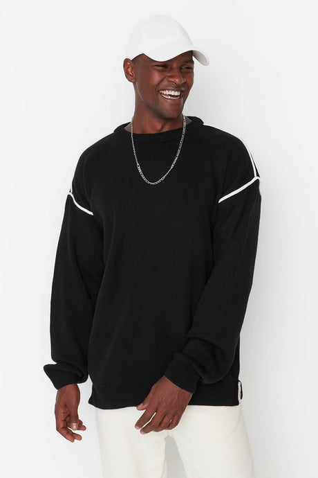 Black Men's Oversize Crew Neck Blouse Detailed Knitwear Sweater Tmnaw22kz0142