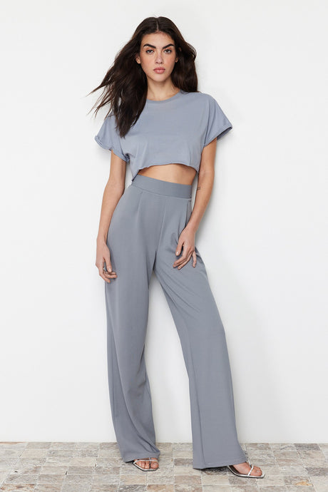 Gray Pleated Wide Leg/casual Cut Pants Twoss24pl00038