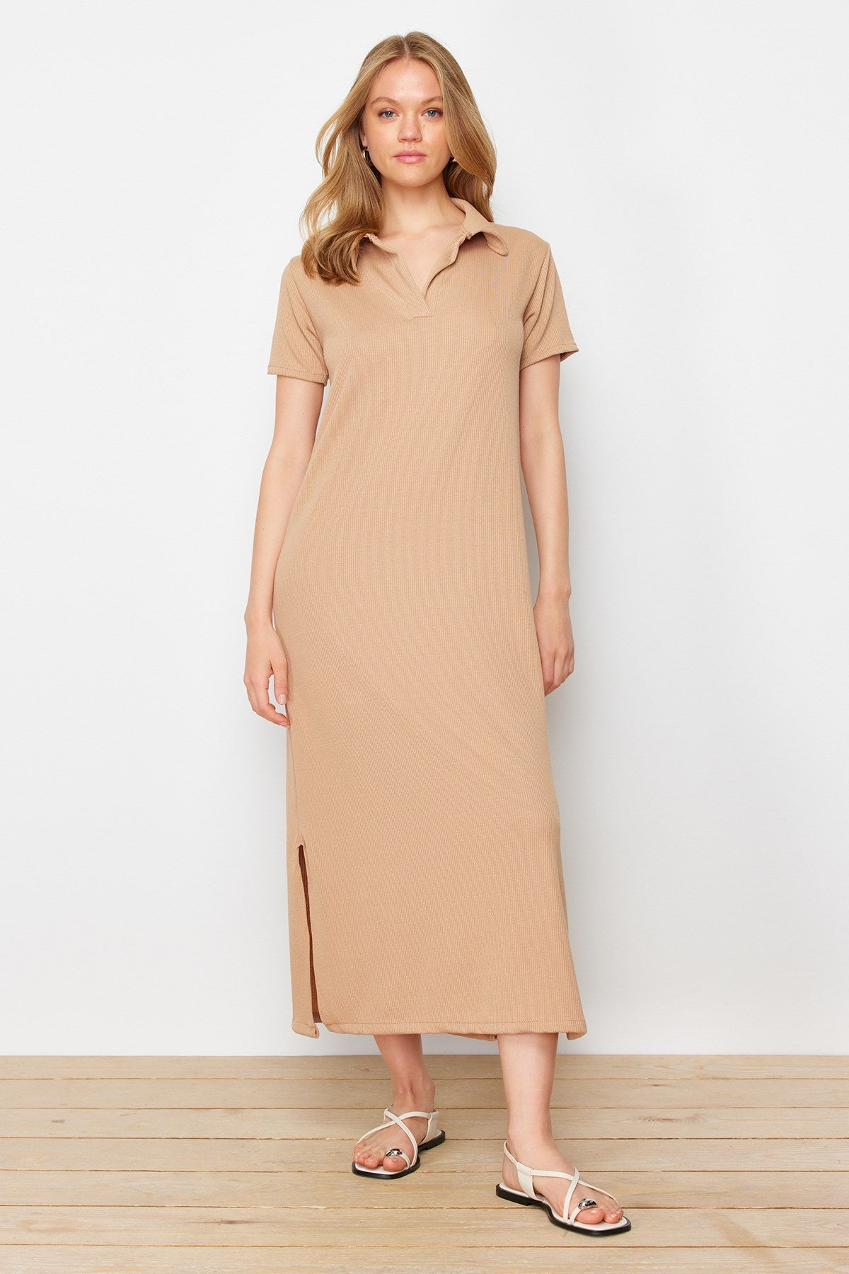 Brown Polo Neck Shift/nromal Cut Midi Knit Dress Twoss24el01012