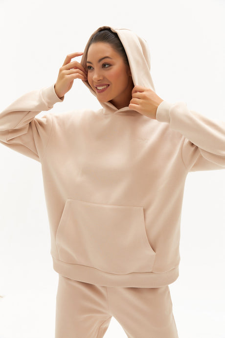 Women's Dark Beige Inner Polar Hooded Solid Color Winter Thick Kangaroo Pocket Casual Sports Sweatsh