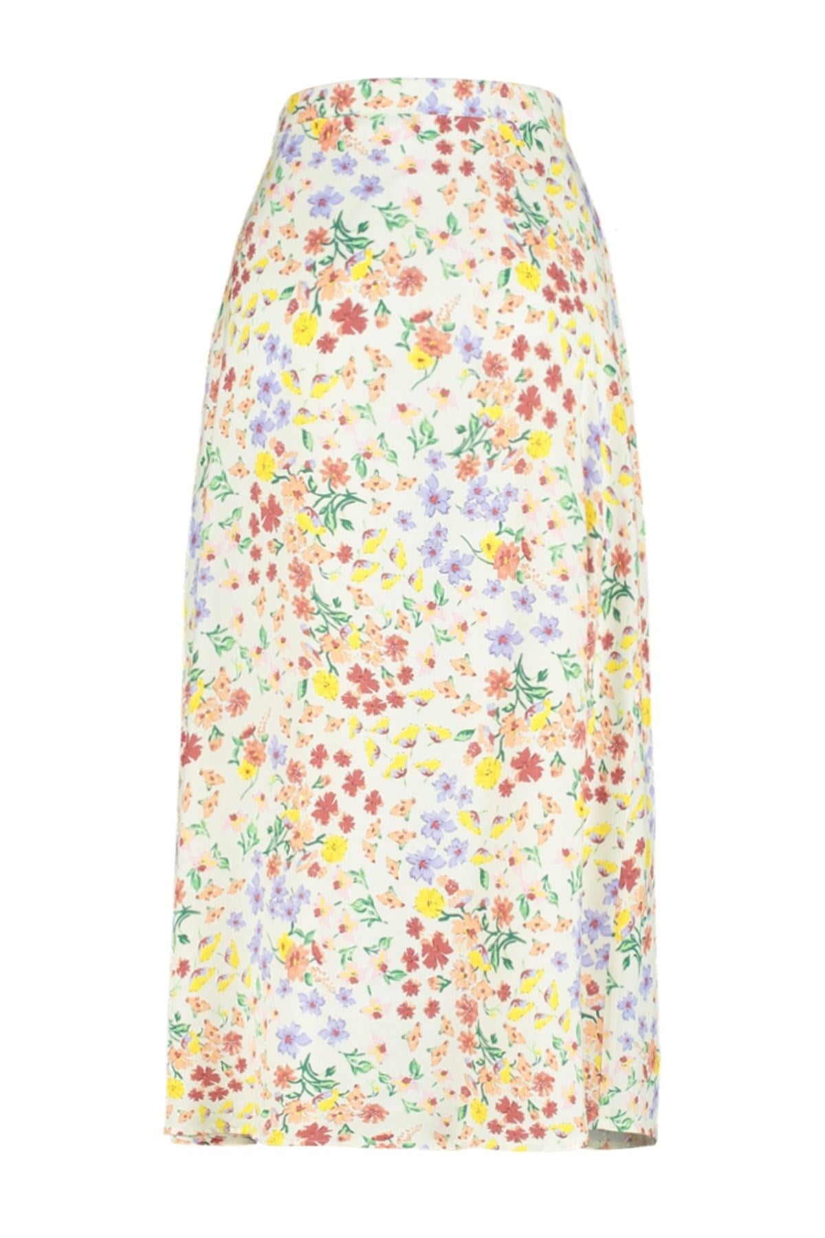 Tile Slit Detailed Floral Pattern Viscose Fabric Midi Woven Skirt Twoss20et0230