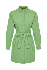 Green Belted Fabric Textured Mini Woven Shirt Dress Twoss24el00316