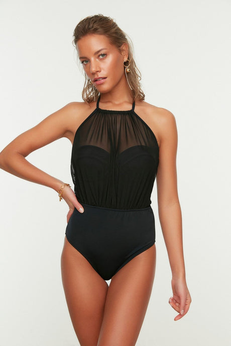 Black Halter Collar Mesh Detailed Regular Swimsuit Tbess20ma0035