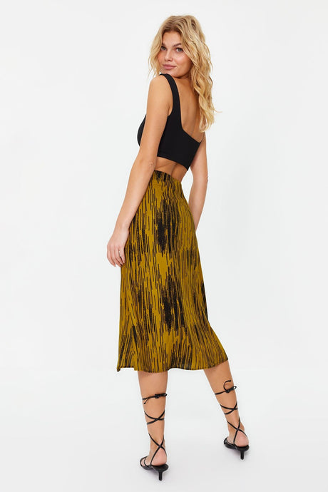 Black Slit Detailed Viscose Fabric Animal Print Midi Woven Skirt Twoaw22et0447