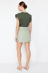 Khaki Lacing Belt Detailed Mini Length Woven Skirt Twoss24et00109